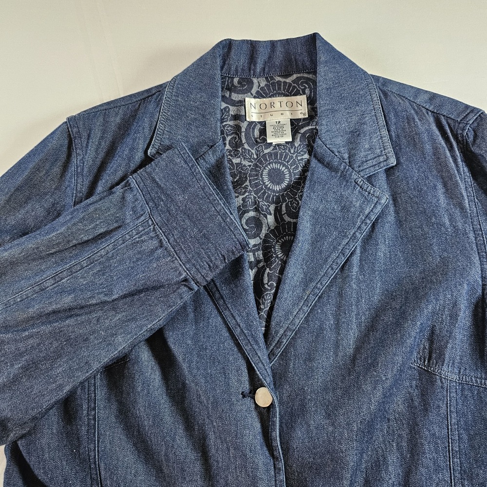 Norton Studio Women's 12 Dark Wash Denim Blazer Jacket Classic Button Pockets